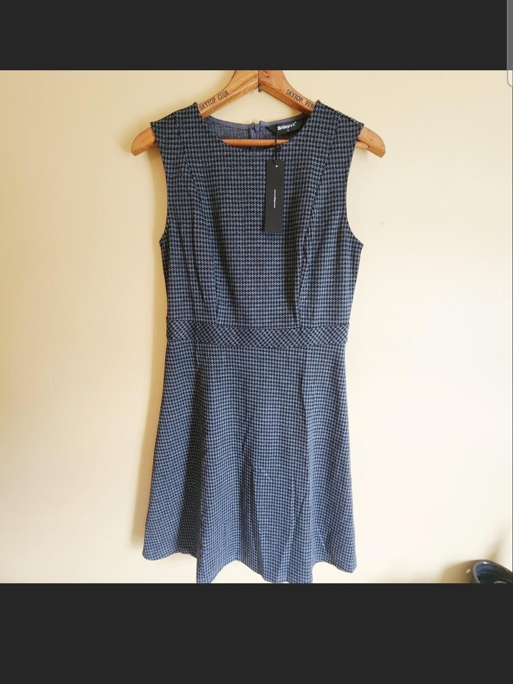 Allegra K Navy Houndstooth Sleeveless Fit & Flare Mini Dress